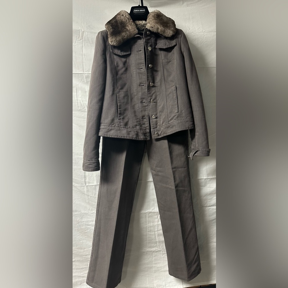 Giorgio Armani jeans jacket with fur trim and straight leg pants.